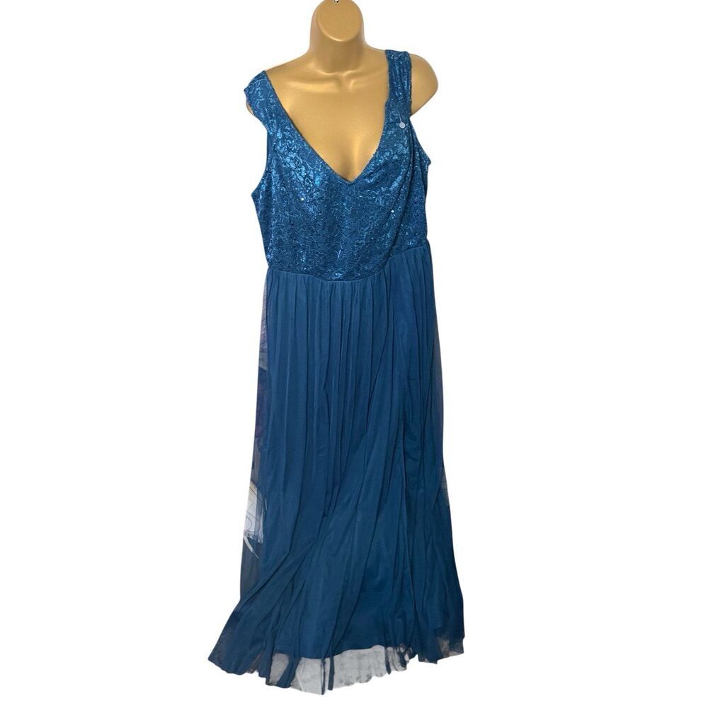 Y2K Candalite Sequin Mesh Maxi Dress V-Neck Formal Teal XL